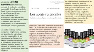 Las esencias o aceites
esenciales son una mezcla
compleja de sustancias aromáticas
responsable de las fragancias de las
flores. Poseen numerosas acciones
farmacológicas, por lo que
constituyen la base de la
aromaterapia, pero además son
ampliamente utilizados en perfumería
y cosmética, en la industria
farmacéutica y en la industria de la
alimentación, licorería y confitería.
Los aceites volátiles, aceites
esenciales o simplemente esencias,
son las sustancias aromáticas
naturales responsables de las
fragancias de las flores y otros
órganos vegetales. Actualmente, sólo
se emplea esta definición si se
obtienen mediante arrastre en
corriente de vapor de agua o por
expresión del pericarpio en el caso de
los cítricos.
Son especialmente abundantes en las
coníferas, lamiáceas, apiáceas,
mirtáceas, rutáceas y asteráceas. Se le
atribuyen variadas funciones en las
plantas como protección frente a
insectos y herbívoros, adaptación
frente al estrés hídrico y son de gran
importancia en la polinización, debido
a que constituyen elementos de
comunicación química por su
volatilidad y marcado olor.
Los aceites esenciales, en general, constituyen
del 0,1 al 1% del peso seco de la planta. Son
líquidos con escasa solubilidad en agua,
solubles en alcoholes y en disolventes
orgánicos. Cuando están frescos, a
temperatura ambiente, son incoloros, ya que
al oxidarse se resinifican y toman un color
amarillento oscuro (lo que se previene
depositándolos en recipientes de vidrio de
color topacio, totalmente llenos y cerrados
perfectamente).
 