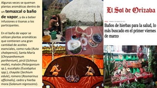 Algunas veces se queman
plantas aromáticas dentro de
un temazcal o baño
de vapor, y da a beber
infusiones o tisanas a los
participantes.
En el baño de vapor se
utilizan plantas aromáticas
que contienen una gran
cantidad de aceites
esenciales, como ruda (Ruta
chalepensis), Santa María
(Chrysanthemum
parthenium), pirúl (Schinus
molle), malvón (Pelargonium
sp.), eucalipto (Eucalyptus
spp.), chayote (Sechium
edule), romero (Rosmarinus
officinalis), cedro y hierba
mora (Solanum nigrescens).
 