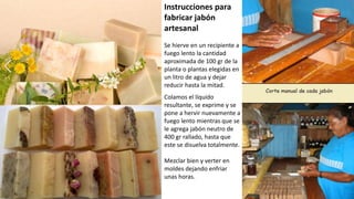 Instrucciones para
fabricar jabón
artesanal
Se hierve en un recipiente a
fuego lento la cantidad
aproximada de 100 gr de la
planta o plantas elegidas en
un litro de agua y dejar
reducir hasta la mitad.
Colamos el líquido
resultante, se exprime y se
pone a hervir nuevamente a
fuego lento mientras que se
le agrega jabón neutro de
400 gr rallado, hasta que
este se disuelva totalmente.
Mezclar bien y verter en
moldes dejando enfriar
unas horas.
 