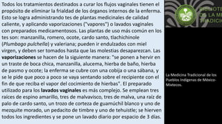 Todos los tratamientos destinados a curar los flujos vaginales tienen el
propósito de eliminar la frialdad de los órganos internos de la enferma.
Esto se logra administrando tes de plantas medicinales de calidad
caliente, y aplicando vaporizaciones ("vapores") o lavados vaginales
con preparados medicamentosos. Las plantas de uso más común en los
tes son: manzanilla, romero, ocote, cardo santo, tlachichinole
(Plumbago pulchella) y valeriana; pueden ir endulzados con miel
virgen, y deben ser tomados hasta que las molestias desaparezcan. Las
vaporizaciones se hacen de la siguiente manera: "se ponen a hervir en
un traste de boca chica, manzanilla, alucema, hierba de baño, hierba
de pasmo y ocote; la enferma se cubre con una cobija o una sábana, y
se le pide que poco a poco se vaya sentando sobre el recipiente con el
fin de que reciba el vapor del cocimiento de hierbas". El preparado
utilizado para los lavados vaginales es más complejo. Se emplean tres
raíces de espino amarillo, tres de malvavisco, tres de malva, una raíz de
palo de cardo santo, un trozo de corteza de guamúchil blanco y uno de
mezquite morado, un pedacito de timbre y uno de tehuistle; se hierven
todos los ingredientes y se pone un lavado diario por espacio de 3 días.
La Medicina Tradicional de los
Pueblos Indígenas de México-
Mixtecos.
 