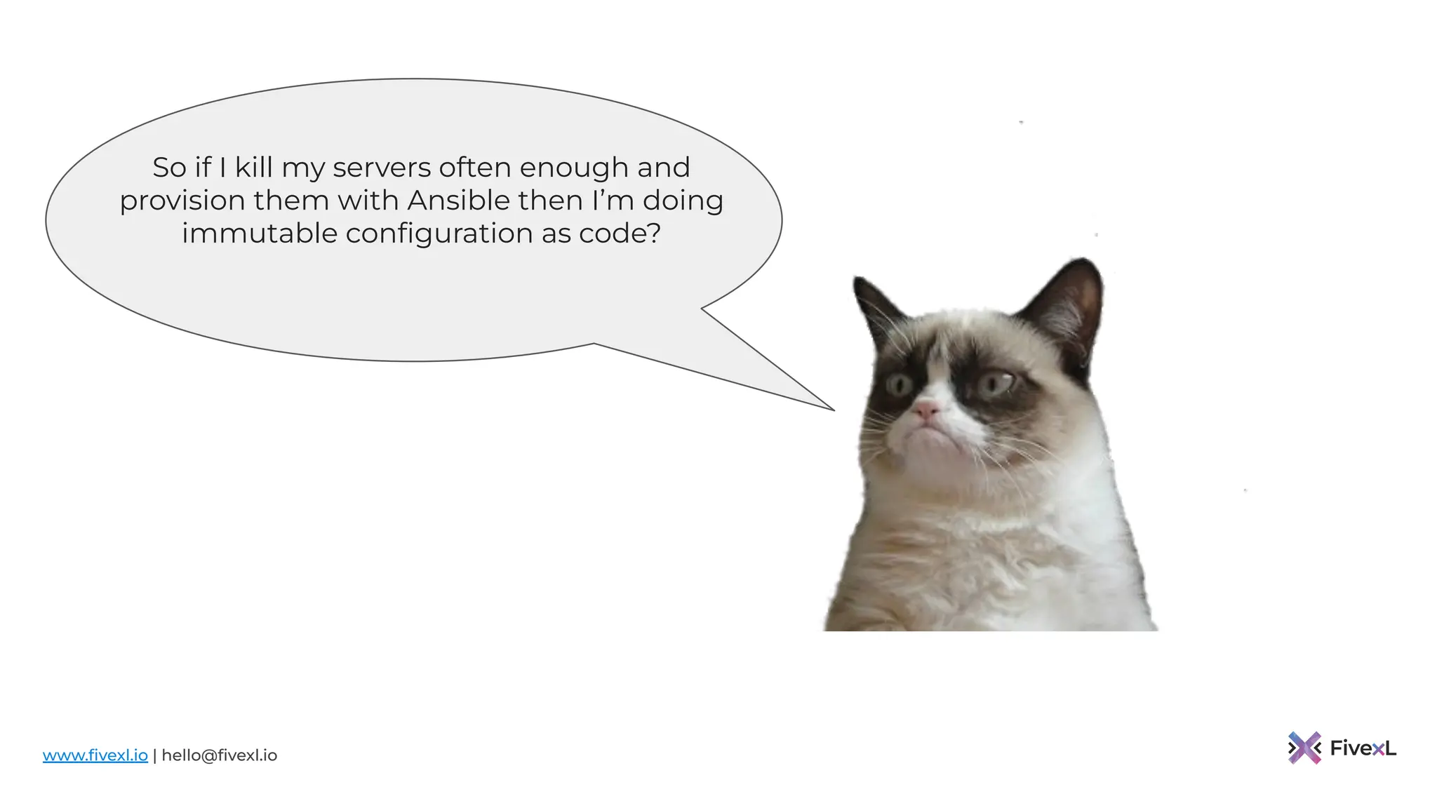 www.ﬁvexl.io | hello@ﬁvexl.io
So if I kill my servers often enough and
provision them with Ansible then I’m doing
immutable conﬁguration as code?
 