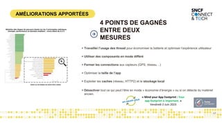 AMÉLIORATIONS APPORTÉES
17
4 POINTS DE GAGNÉS
ENTRE DEUX
MESURES
+ Travailler l’usage des thread pour économiser la batterie et optimiser l’expérience utilisateur
+ Utiliser des composants en mode différé
+ Fermer les connections aux capteurs (GPS, réseau, ..)
+ Optimiser la taille de l’app
+ Exploiter les caches (réseau, HTTP2) et le stockage local
+ Désactiver tout ce qui peut l’être en mode « économie d’énergie » ou si on détecte du matériel
ancien.
« Mind your App Footprint : Your
app footprint is important. »
Vendredi 2 Juin 2023
 