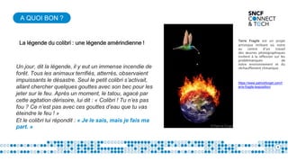 A QUOI BON ?
4
Un jour, dit la légende, il y eut un immense incendie de
forêt. Tous les animaux terrifiés, atterrés, observaient
impuissants le désastre. Seul le petit colibri s’activait,
allant chercher quelques gouttes avec son bec pour les
jeter sur le feu. Après un moment, le tatou, agacé par
cette agitation dérisoire, lui dit : « Colibri ! Tu n’es pas
fou ? Ce n’est pas avec ces gouttes d’eau que tu vas
éteindre le feu ! »
Et le colibri lui répondit : « Je le sais, mais je fais ma
part. »
La légende du colibri : une légende amérindienne !
https://www.patrickforget.com/t
erre-fragile-lexposition/
Terre Fragile est un projet
artistique militant où notre
au centre d’un travail
des œuvres photographiques
invitent à la réflexion sur les
problématiques de
notre environnement et du
réchauffement climatique.
 