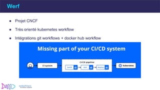 Werf
● Projet CNCF
● Très orienté kubernetes workflow
● Intégrations git workflows + docker hub workflow
 