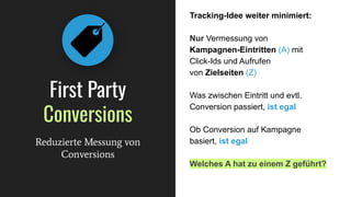 Tracking-Idee weiter minimiert:
Nur Vermessung von
Kampagnen-Eintritten (A) mit
Click-Ids und Aufrufen
von Zielseiten (Z)
Was zwischen Eintritt und evtl.
Conversion passiert, ist egal
Ob Conversion auf Kampagne
basiert, ist egal
Welches A hat zu einem Z geführt?
First Party
Conversions
Reduzierte Messung von
Conversions
 