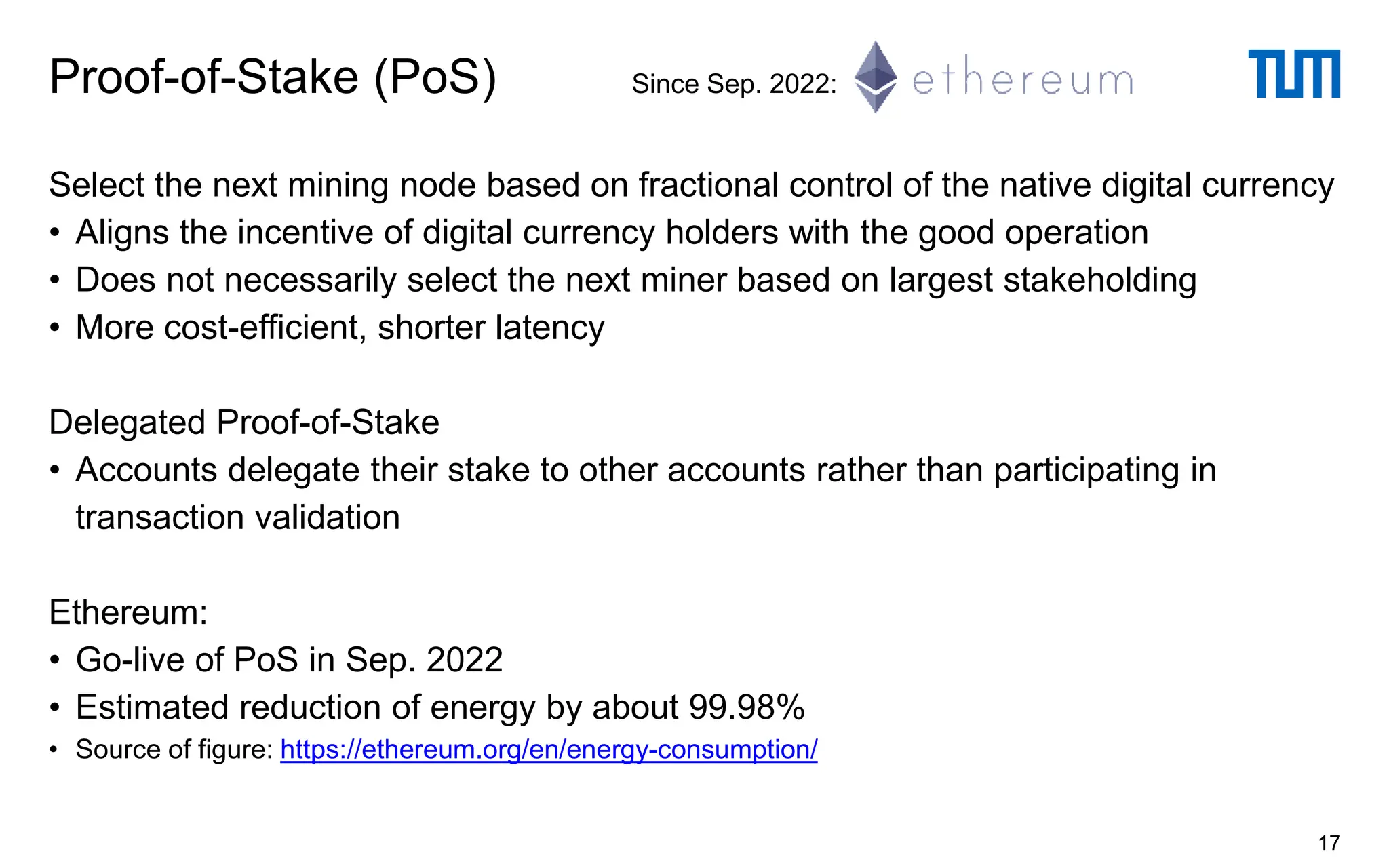 Select the next mining node based on fractional control of the native digital currency
• Aligns the incentive of digital currency holders with the good operation
• Does not necessarily select the next miner based on largest stakeholding
• More cost-efficient, shorter latency
Delegated Proof-of-Stake
• Accounts delegate their stake to other accounts rather than participating in
transaction validation
Ethereum:
• Go-live of PoS in Sep. 2022
• Estimated reduction of energy by about 99.98%
• Source of figure: https://ethereum.org/en/energy-consumption/
Proof-of-Stake (PoS) Since Sep. 2022:
17
 