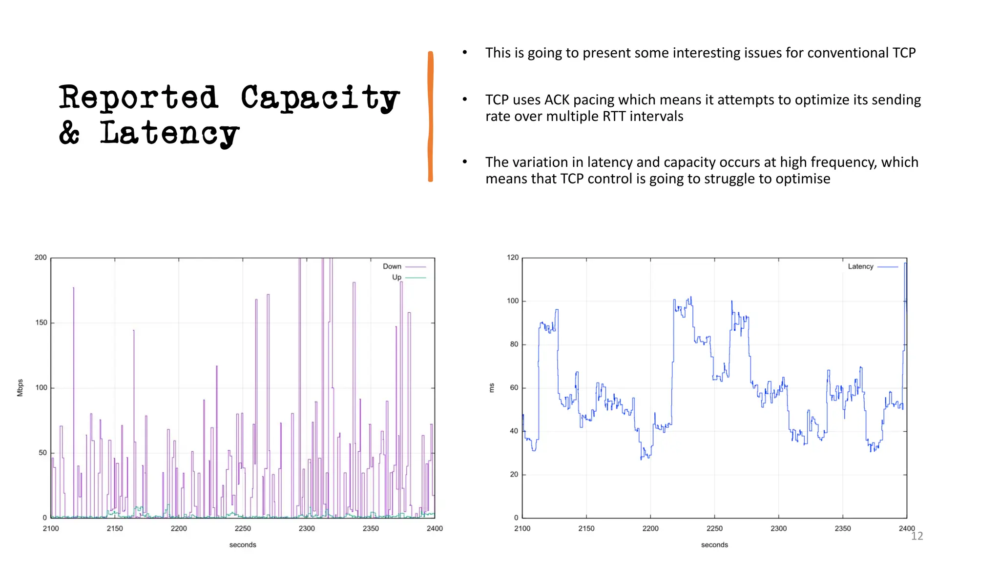 Reported Capacity
& Latency
• This is going to present some interesting issues for conventional TCP
• TCP uses ACK pacing which means it attempts to optimize its sending
rate over multiple RTT intervals
• The variation in latency and capacity occurs at high frequency, which
means that TCP control is going to struggle to optimise
12
 