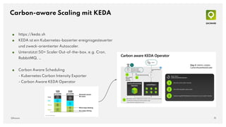 Carbon-aware Scaling mit KEDA
■ https://keda.sh
■ KEDA ist ein Kubernetes-basierter ereignisgesteuerter
und zweck-orientierter Autoscaler.
■ Unterstützt 50+ Scaler Out-of-the-box, e.g. Cron,
RabbitMQ, …
■ Carbon Aware Scheduling
- Kubernetes Carbon Intensity Exporter
- Carbon Aware KEDA Operator
19
QAware
 