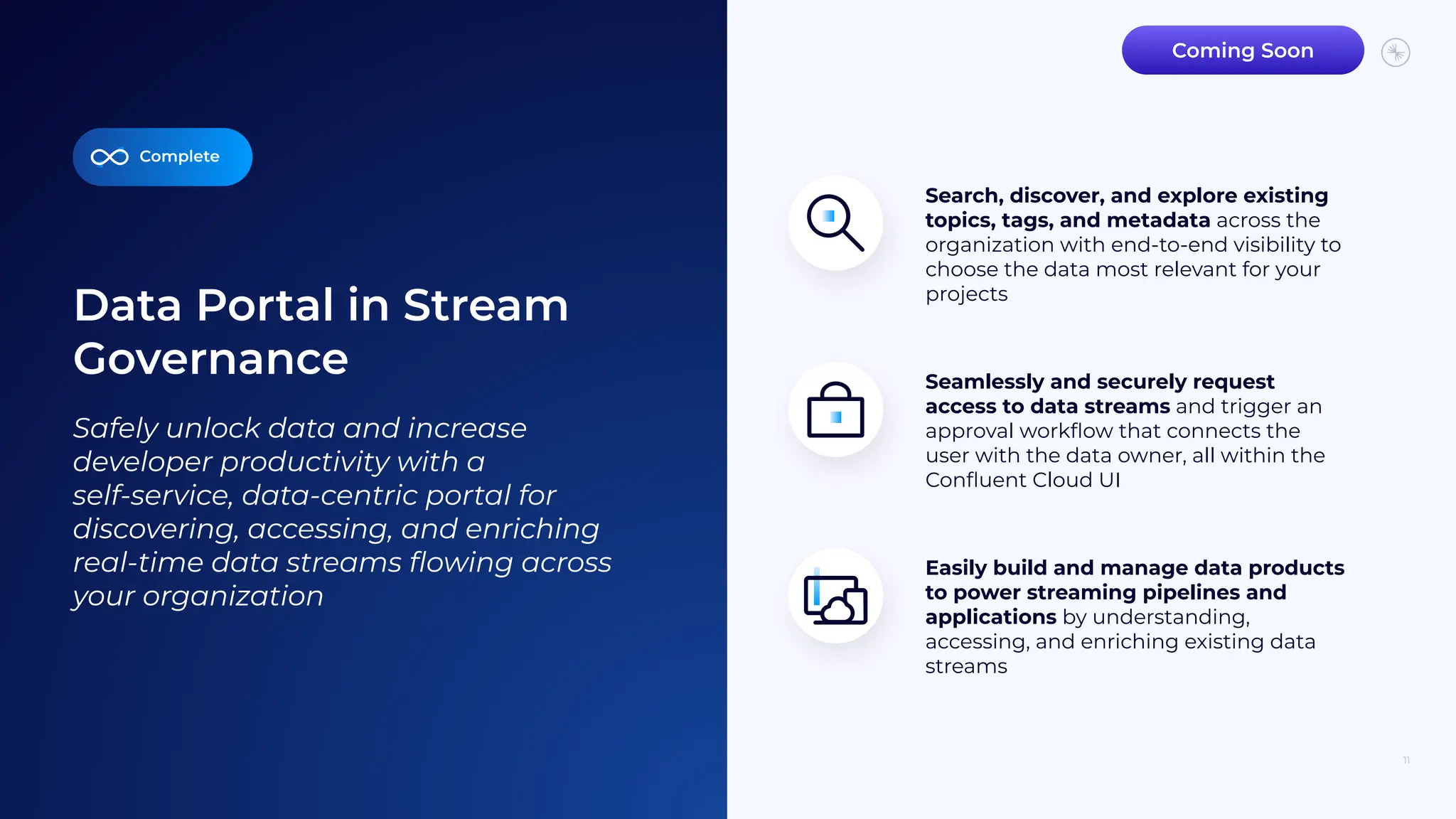 Data Portal in Stream
Governance
11
Seamlessly and securely request
access to data streams and trigger an
approval workﬂow that connects the
user with the data owner, all within the
Conﬂuent Cloud UI
Easily build and manage data products
to power streaming pipelines and
applications by understanding,
accessing, and enriching existing data
streams
Complete
Safely unlock data and increase
developer productivity with a
self-service, data-centric portal for
discovering, accessing, and enriching
real-time data streams ﬂowing across
your organization
Search, discover, and explore existing
topics, tags, and metadata across the
organization with end-to-end visibility to
choose the data most relevant for your
projects
Coming Soon
 