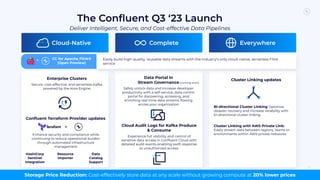 The Conﬂuent Q3 ‘23 Launch
Deliver Intelligent, Secure, and Cost-effective Data Pipelines
10
Cloud-Native Complete Everywhere
Storage Price Reduction: Cost-effectively store data at any scale without growing compute at 20% lower prices
CC for Apache Flink®
(Open Preview)
+
Enterprise Clusters
Secure, cost-effective, and serverless Kafka
powered by the Kora Engine
Conﬂuent Terraform Provider updates
+
Enhance security and compliance while
continuing to reduce operational burden
through automated infrastructure
management
HashiCorp
Sentinel
Integration
Resource
Importer
Data
Catalog
Support
Cloud Audit Logs for Kafka Produce
& Consume
Experience full visibility and control of
sensitive data access in Conﬂuent Cloud with
detailed audit events enabling swift response
to unauthorized access.
Cluster Linking updates
Cluster Linking with AWS Private Link:
Easily stream data between regions, teams or
environments within AWS private networks
Bi-directional Cluster Linking Optimize
disaster recovery and increase reliability with
bi-directional cluster linking
Data Portal in
Stream Governance
Safely unlock data and increase developer
productivity with a self-service, data-centric
portal for discovering, accessing, and
enriching real-time data streams ﬂowing
across your organization
(coming soon)
Easily build high-quality, reusable data streams with the industry’s only cloud-native, serverless Flink
service
 