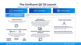 The Conﬂuent Q3 ‘23 Launch
Deliver Intelligent, Secure, and Cost-effective Data Pipelines
Cloud-Native Complete Everywhere
Storage Price Reduction: Cost-effectively store data at any scale without growing compute at 20% lower prices
Easily build high-quality, reusable data streams with the industry’s only cloud-native, serverless Flink
service
Apache Flink® on CC
(Open Preview)
+
Enterprise Clusters
Secure, cost-effective, and serverless Kafka
powered by the Kora Engine
Conﬂuent Terraform Provider updates
+
Enhance security and compliance while
continuing to reduce operational burden
through automated infrastructure
management
HashiCorp
Sentinel
Integration
Resource
Importer
Data
Catalog
Support
Cloud Audit Logs for Kafka Produce
& Consume
Experience full visibility and control of
sensitive data access in Conﬂuent Cloud with
detailed audit events enabling swift response
to unauthorized access.
Cluster Linking updates
Cluster Linking with AWS Private Link:
Easily stream data between regions, teams or
environments within AWS private networks
Bi-directional Cluster Linking Optimize
disaster recovery and increase reliability with
bi-directional cluster linking
Data Portal in
Stream Governance
Safely unlock data and increase developer
productivity with a self-service, data-centric
portal for discovering, accessing, and
enriching real-time data streams ﬂowing
across your organization
(coming soon)
 