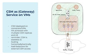 CSM as (Gateway)
Service on VMs
- CSM deployed on
containers/VMs
- HA achieved with
multiple CSM-replicas
and LB
- reminder: CSM is
stateless (!)
- Scaling
horizontally/vertically
- load-balancers for
external CSM-access
 