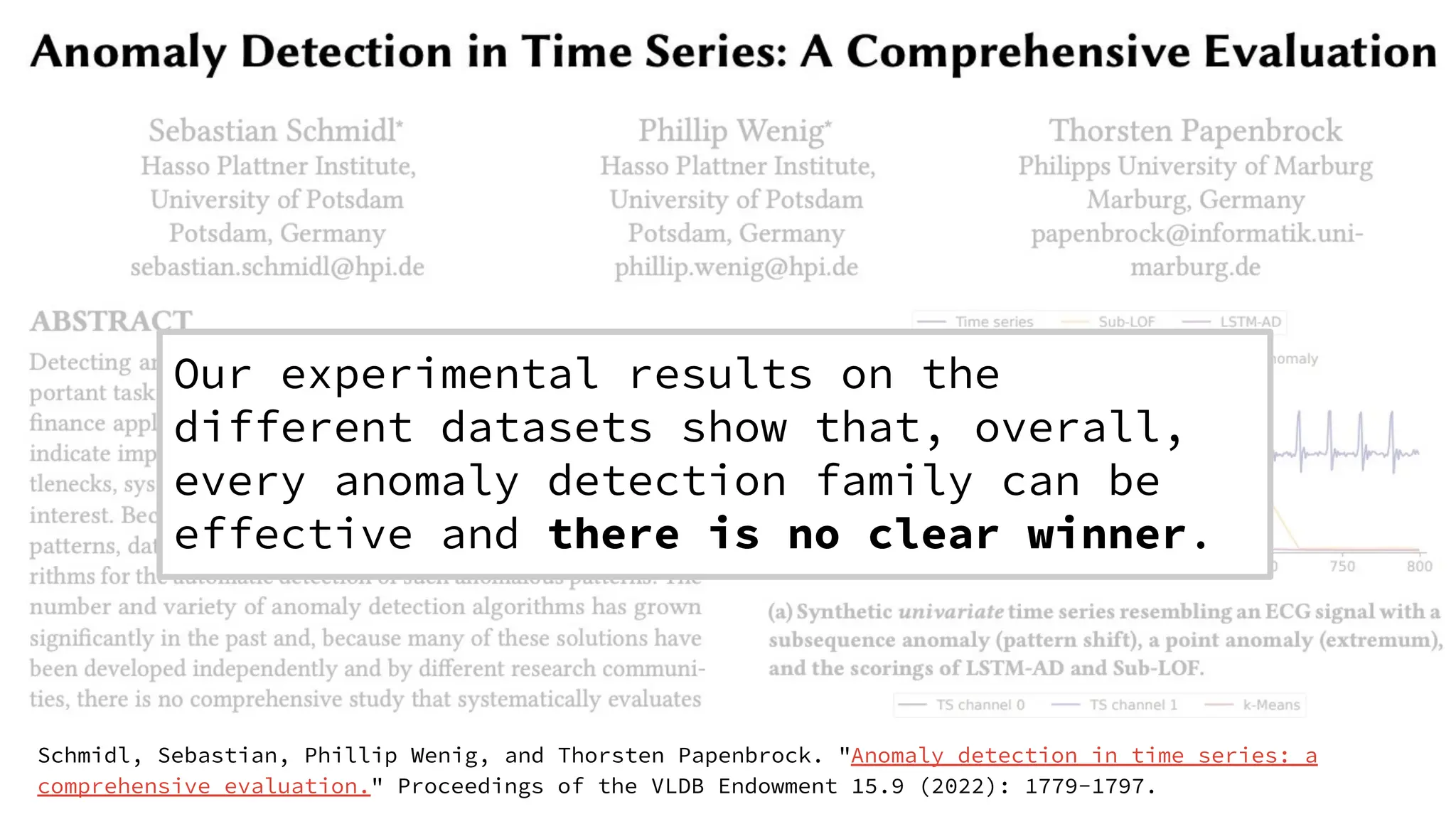 Schmidl, Sebastian, Phillip Wenig, and Thorsten Papenbrock. "Anomaly detection in time series: a
comprehensive evaluation." Proceedings of the VLDB Endowment 15.9 (2022): 1779-1797.
Our experimental results on the
different datasets show that, overall,
every anomaly detection family can be
effective and there is no clear winner.
 