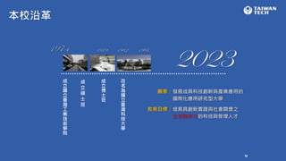 1974
成
立
國
立
臺
灣
工
業
技
術
學
院
成
立
碩
士
班
改
名
為
國
立
臺
灣
科
技
大
學
1979 1982 1997
2023
本校沿革
願景：發展成具科技創新與產業應用的
國際化應用研究型大學
教育目標：培育具創新實踐與社會關懷之
全球競爭力的科技與管理人才
成
立
博
士
班
9
 
