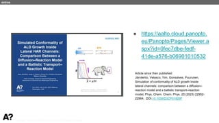 Puurunen - invited, AVS 69, Nov 5-10, 2023, Portland, Oregon
● https://aalto.cloud.panopto.
eu/Panopto/Pages/Viewer.a
spx?id=0fec7dbe-fedf-
41de-a576-b06901010532
Article since then published:
Järvilehto, Velasco, Yim, Gonsalves, Puurunen,
Simulation of conformality of ALD growth inside
lateral channels: comparison between a diffusion–
reaction model and a ballistic transport–reaction
model, Phys. Chem. Chem. Phys. 25 (2023) 22952-
22964; DOI:10.1039/D3CP01829F
extras
 