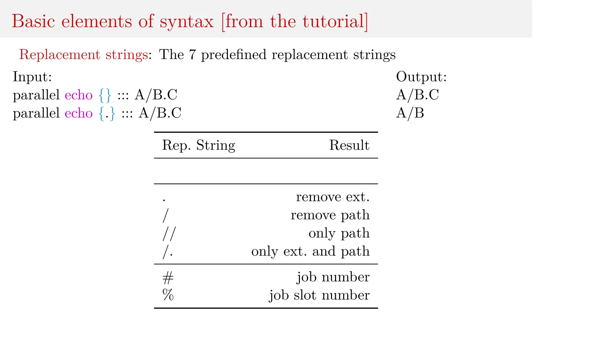 Basic elements of syntax [from the tutorial]
Replacement strings: The 7 predefined replacement strings
Input:
parallel echo {} ::: A/B.C
parallel echo {.} ::: A/B.C
Output:
A/B.C
A/B
Rep. String Result
. remove ext.
/ remove path
// only path
/. only ext. and path
# job number
% job slot number
 