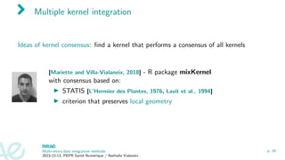 Multiple kernel integration
Ideas of kernel consensus: find a kernel that performs a consensus of all kernels
[Mariette and Villa-Vialaneix, 2018] - R package mixKernel
with consensus based on:
▶ STATIS [L’Hermier des Plantes, 1976, Lavit et al., 1994]
▶ criterion that preserves local geometry
Multi-omics data integration methods
2023-12-13, PEPR Santé Numérique / Nathalie Vialaneix
p. 18
 