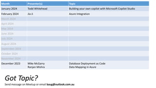 Upcoming Presentations
Month Presenter(s) Topic
January 2024 Todd Whitehead Building your own copilot with Microsoft Copilot Studio
February 2024 Jia Ji Azure Integration
March 2024
April 2024
May 2024
June 2024
July 2024
August 2024
September 2024
October 2024
November 2024
December 2023 Mike McGarry
Ranjan Mishra
Database Deployment as Code
Data Mapping in Azure
Got Topic?
Send message on Meetup or email baug@outlook.com.au
 