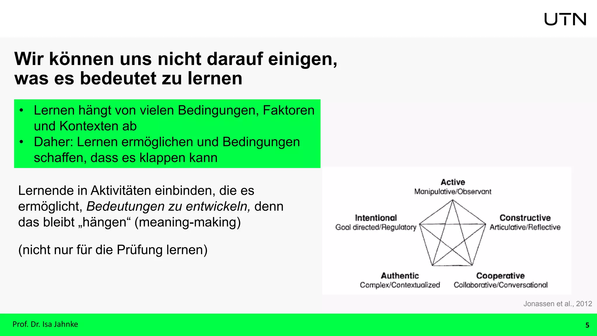 Wir können uns nicht darauf einigen,
was es bedeutet zu lernen
Lernende in Aktivitäten einbinden, die es
ermöglicht, Bedeutungen zu entwickeln, denn
das bleibt „hängen“ (meaning-making)
(nicht nur für die Prüfung lernen)
• Lernen hängt von vielen Bedingungen, Faktoren
und Kontexten ab
• Daher: Lernen ermöglichen und Bedingungen
schaffen, dass es klappen kann
Jonassen et al., 2012
Prof. Dr. Isa Jahnke 5
 