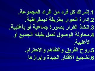 .1
.‫المجموعة‬ ‫أفراد‬ ‫من‬ ‫فرد‬ ‫كل‬ ‫إشراك‬
.2
.‫ديمقراطية‬ ‫بطريقة‬ ‫الحوار‬ ‫إدارة‬
.3
.‫بأغلبية‬ ‫أو‬ ‫جماعية‬ ‫بصورة‬ ‫القرار‬ ‫اتخاذ‬
.4
‫أو‬ ‫الجميع‬ ‫يقبله‬ ‫لعمل‬ ‫الوصول‬ ‫محاولة‬
.‫األغلبية‬
.5
.‫واالحترام‬ ‫والتفاهم‬ ‫الفريق‬ ‫روح‬
.6
‫وإبرازها‬ ‫الجيدة‬ ‫األفكار‬ ‫تشجيع‬
.
 