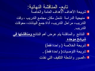 :‫النهائية‬ ‫المناقشة‬ -‫تابع‬
:‫النهائية‬ ‫المناقشة‬ -‫تابع‬
‫والخاصة‬ ‫العامة‬ 9
‫ف‬‫األهدا‬ 9
‫ف‬‫األهدا‬ ‫يحة‬9
‫ر‬‫ش‬
‫وقت‬ ، ‫التدريب‬ ‫مجتمع‬ ‫مكان‬ ‫تشمل‬ ‫الدراسة‬ ‫منهجية‬
‫معوقات‬ ،‫البيانات‬ ‫جمع‬ ‫أداة‬ ،‫التدريب‬ ‫مراحل‬ ،‫التدريب‬
.‫التدريب‬
‫النتائج‬ ‫أهم‬ ‫عرض‬ ‫يتم‬ ‫والمناقشة‬ ‫النتائج‬
‫ومناقشتها‬
‫في‬
‫موحده‬ ‫(ائح‬‫ر‬‫ش‬
)‫فقط‬ ‫واحدة‬ ( ‫الخالصة‬ ‫شريحة‬
)‫فقط‬ ‫واحدة‬ (‫التوصيات‬ ‫شريحة‬
.
-
-
‫نفذت‬ ‫التي‬ ‫التثقيف‬ ‫وانشطة‬ ‫الصور‬
‫نفذت‬ ‫التي‬ ‫التثقيف‬ ‫وانشطة‬ ‫الصور‬
 