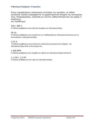 Η Φ σι ή ε Πειρά α α Α΄Γ ασίο
.Ι. ί σας-2014 Σ - ασί ά Σ ί α 101
υ π υ υ π υ,
α π α α α α φ α α α α α υ α
υ . φ υ, υ / α / υ α
α υ ,
α πα α:
220 / 380 V
Η έ ι α αφέ αι σ άσ ι ο ίας ο ο ι ή α.
50 Hz
Η έ ι α αφέ αι σ σ ό α ο α ασσό ο ι ού ύ α ος ια α
ι ο ήσ ι ο ο ι ή ας.
2,75 A
Η έ ι α αφέ αι σ έ ασ ο ι ού ύ α ος ο ια έ ι ο
ο ι ή α α ά ι ο ία ο .
1.400 RPM
Η έ ι α αφέ αι σ ις σ οφές ο ά ο α ο ο ι ή α α ά ό.
1,1 kW / 1,5 HP
Η έ ι α αφέ αι σ ισ ύ ο ο ι ή α.
 