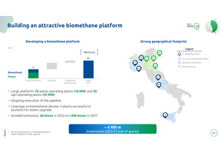 21
Building an attractive biomethane platform
~ € 400 m
investments 2023-27 (net of grants)
MW
Current platform 1 Upgrade Additional
development
Target
2027
41
80
135 Mcm/y
Biogas
Biomethane
• Large platform: 10 waste operating plants (16 MW) and 26
agri operating plants (25 MW)
• Ongoing execution of the pipeline
• Leverage on biomethane decree: 4 plants successful in
auctions for assets upgrade
• Avoided emissions: 36 ktons in 2022 to >300 ktons in 2027
• Large platform: 10 waste operating plants (16 MW) and 26
agri operating plants (25 MW)
• Ongoing execution of the pipeline
• Leverage on biomethane decree: 4 plants successful in
auctions for assets upgrade
• Avoided emissions: 36 ktons in 2022 to >300 ktons in 2027
Developing a biomethane platform Strong geographical footprint
2
2
1
1
1
8
3
3 7
8
Legend
Bioenerys Ambiente
Bioenerys Agri
# operating plants
# under development plants
1
1
4
1
1. Net of deconsolidation of Iniziative Biometano
plants (4 plants for 8 MW capacity)
 