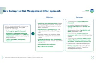 energy
to inspire the world
57
New Enterprise Risk Management (ERM) approach
1. These activities are detailed in the ERM guideline approved by the Board of Directors in December 2023
With the aim of continuously enhancing our
risk management system, in 2023 we
adopted the following:1
• The Group risk appetite framework
• Refinements on both methodological
and governance aspects of our ERM risk
assessment, to enhance it as a managerial
and strategic tool
• Climate Change Risk Management
Framework
• Higher risk-informed contribution to both
decision-making and strategic processes in
line with the risk appetite approved by the
Board of Directors
• Simplification of the ERM process and
rationalization of the number of mapped
risks
• Improved usability and expansion of the
informative scope of the risk assessment
results
• Enhanced integration with Sustainability
Processes (materiality analysis – stakeholder
engagement)
• Sustainability risks refocusing
• Risk Culture enhancement
Objectives
• Adoption of the Group Risk Appetite
Framework
• Introduction of a distinction between
inherent risk severity and residual risk
severity
• Update and evolution of probability and
impact assessment scales
• Evolution of the reputational impact
assessment scale in line with the materiality
analysis
• Transition from a rationale of ESG-related
risk identification and assessment to a
rationale of Sustainability-relevant risks
• Consolidation of Risk Response analyses
• Vertical analysis for integrating the risk
assessment (e.g., Climate Change Risk
Management framework)
Outcomes
 