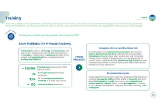 energy
to inspire the world
2 MAIN
PROJECTS
80
Training
Initiatives to develop skills aligned with a constantly evolving work environment, such as the use of advanced technologies and innovative work procedures.
Beyond the traditional role of skill dissemination, training aims to create awareness and empower employees regarding the company's goals and strategies.
Training hub, a driver of change and innovation, and
a generator of potential, was created by listening to
the needs of the business to enhance the skills of our
people and supporting them in developing their
professional identity
Training hours delivered in 2023
(+8% vs 2022)
~ 130,000
93%
34
Of the company population
involved in at least one course
Internal training members
~ 150
Average hours delivered per
employee
Competence Centers and Excellence Hub
In a moment of strong generational turnover, to preserve
Snam’s distinctive know-how and transmit technical skills,
Competence Centers have been established and formalized.
These centers consist of experts who serve as references for
specific topics. Additionally, the Excellence Hub Group has been
instituted to promote technical training and define operational
standards for gas operations
Development programs
Target-specific training and leadership development programs to
enhance managerial skills and the ability to innovate and learn
about technological trends, to promote an organizational
culture open to change, and to create engagement in people.
In 2023, 4 new Development Programs launched involving ~200
colleagues
Training hours delivered to employees: 40 h/capita by 2027
Snam Institute: the in-house Academy
 