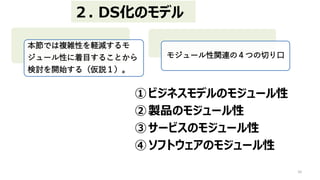 10
本節では複雑性を軽減するモ
ジュール性に着目することから
検討を開始する（仮説１）。
モジュール性関連の４つの切り口
２. DS化のモデル
①ビジネスモデルのモジュール性
②製品のモジュール性
③サービスのモジュール性
④ソフトウェアのモジュール性
 