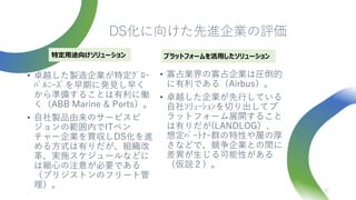 DS化に向けた先進企業の評価
• 卓越した製造企業が特定ｸﾞﾛｰ
ﾊﾞﾙﾆｰｽﾞを早期に発見し早く
から準備することは有利に働
く（ABB Marine & Ports）。
• 自社製品由来のサービスビ
ジョンの範囲内でITベン
チャー企業を買収しDS化を進
める方式は有りだが、組織改
革、実施スケジュールなどに
は細心の注意が必要である
（ブリジストンのフリート管
理）。 37
• 寡占業界の寡占企業は圧倒的
に有利である（Airbus）。
• 卓越した企業が先行している
自社ｿﾘｭｰｼｮﾝを切り出してプ
ラットフォーム展開すること
は有りだが(LANDLOG）、
想定ﾊﾟｰﾄﾅｰ群の特性や層の厚
さなどで、競争企業との間に
差異が生じる可能性がある
（仮説２）。
特定用途向けソリューション プラットフォームを活用したソリューション
 