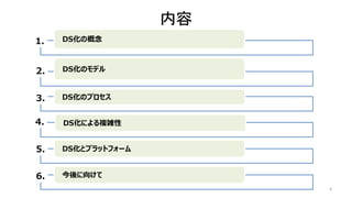 内容
4
DS化の概念
DS化の概念
DS化のモデル
DS化のモデル
DS化のプロセス
DS化のプロセス
DS化による複雑性
DS化による複雑性
DS化とプラットフォーム
DS化とプラットフォーム
今後に向けて
今後に向けて
1.
2.
3.
4.
5.
6.
 