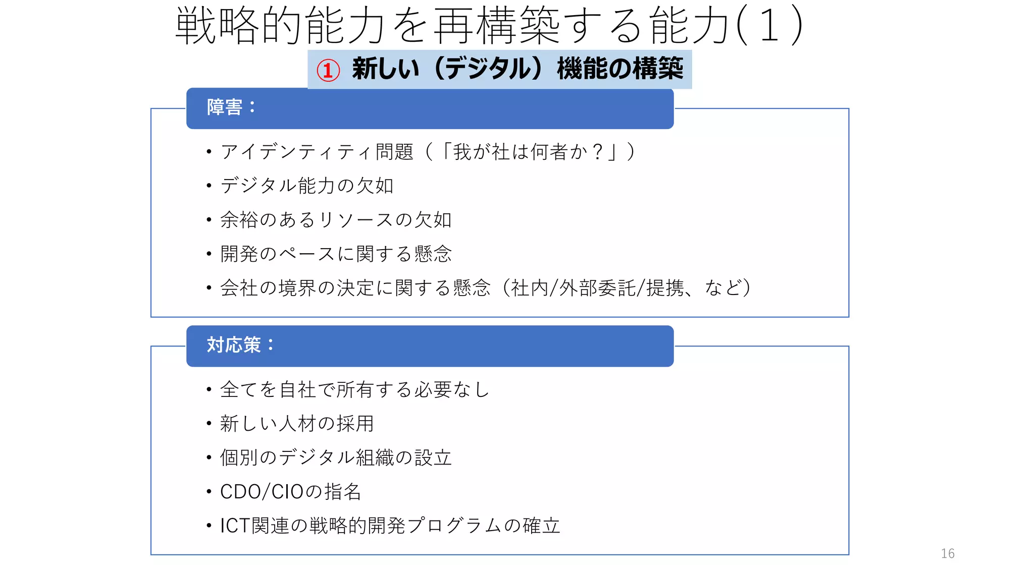 戦略的能力を再構築する能力(１)
• アイデンティティ問題（「我が社は何者か？」）
• デジタル能力の欠如
• 余裕のあるリソースの欠如
• 開発のペースに関する懸念
• 会社の境界の決定に関する懸念（社内/外部委託/提携、など）
障害：
• 全てを自社で所有する必要なし
• 新しい人材の採用
• 個別のデジタル組織の設立
• CDO/CIOの指名
• ICT関連の戦略的開発プログラムの確立
対応策：
16
新しい（デジタル）機能の構築
①
 