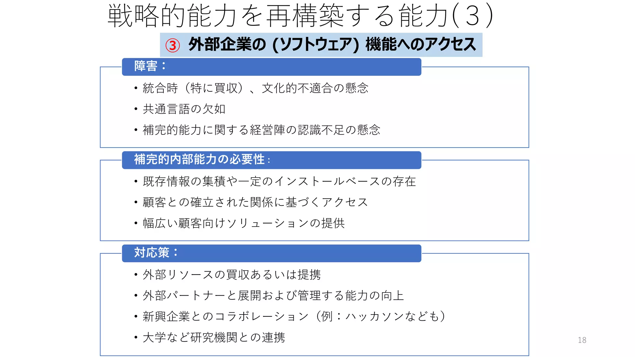 戦略的能力を再構築する能力(３)
• 統合時（特に買収）、文化的不適合の懸念
• 共通言語の欠如
• 補完的能力に関する経営陣の認識不足の懸念
障害：
• 既存情報の集積や一定のインストールベースの存在
• 顧客との確立された関係に基づくアクセス
• 幅広い顧客向けソリューションの提供
補完的内部能力の必要性：
• 外部リソースの買収あるいは提携
• 外部パートナーと展開および管理する能力の向上
• 新興企業とのコラボレーション（例：ハッカソンなども）
• 大学など研究機関との連携
対応策：
18
外部企業の (ソフトウェア) 機能へのアクセス
③
 