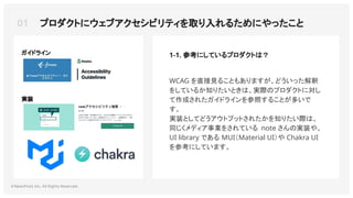 01 プロダクトにウェブアクセシビリティを取り入れるためにやったこと
©NewsPicks Inc. All Rights Reserved.
1-1. 参考にしているプロダクトは？
WCAG を直接見ることもありますが、どういった解釈
をしているか知りたいときは、実際のプロダクトに対し
て作成されたガイドラインを参照することが多いで
す。
実装としてどうアウトプットされたかを知りたい際は、
同じくメディア事業をされている note さんの実装や、
UI library である MUI（Material UI）や Chakra UI
を参考にしています。
ガイドライン
実装
 