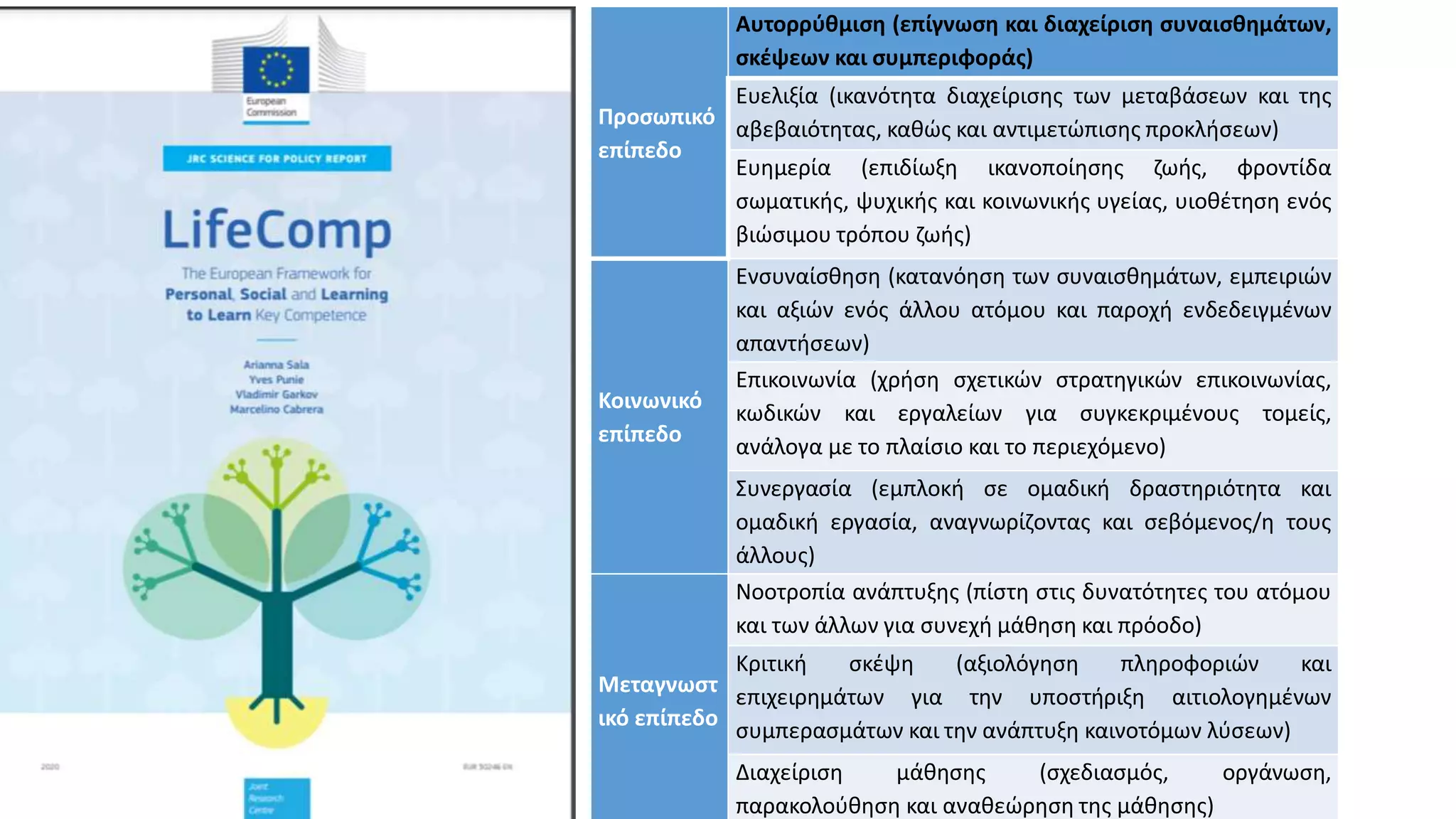 Προσωπικό
επίπεδο
Αυτορρύθμιση (επίγνωση και διαχείριση συναισθημάτων,
σκέψεων και συμπεριφοράς)
Ευελιξία (ικανότητα διαχείρισης των μεταβάσεων και της
αβεβαιότητας, καθώς και αντιμετώπισης προκλήσεων)
Ευημερία (επιδίωξη ικανοποίησης ζωής, φροντίδα
σωματικής, ψυχικής και κοινωνικής υγείας, υιοθέτηση ενός
βιώσιμου τρόπου ζωής)
Κοινωνικό
επίπεδο
Ενσυναίσθηση (κατανόηση των συναισθημάτων, εμπειριών
και αξιών ενός άλλου ατόμου και παροχή ενδεδειγμένων
απαντήσεων)
Επικοινωνία (χρήση σχετικών στρατηγικών επικοινωνίας,
κωδικών και εργαλείων για συγκεκριμένους τομείς,
ανάλογα με το πλαίσιο και το περιεχόμενο)
Συνεργασία (εμπλοκή σε ομαδική δραστηριότητα και
ομαδική εργασία, αναγνωρίζοντας και σεβόμενος/η τους
άλλους)
Μεταγνωστ
ικό επίπεδο
Νοοτροπία ανάπτυξης (πίστη στις δυνατότητες του ατόμου
και των άλλων για συνεχή μάθηση και πρόοδο)
Κριτική σκέψη (αξιολόγηση πληροφοριών και
επιχειρημάτων για την υποστήριξη αιτιολογημένων
συμπερασμάτων και την ανάπτυξη καινοτόμων λύσεων)
Διαχείριση μάθησης (σχεδιασμός, οργάνωση,
παρακολούθηση και αναθεώρηση της μάθησης)
 