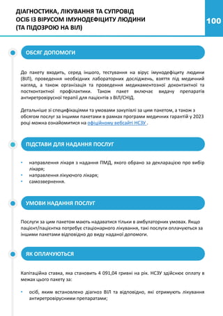 100
ДІАГНОСТИКА, ЛІКУВАННЯ ТА СУПРОВІД
ОСІБ ІЗ ВІРУСОМ ІМУНОДЕФІЦИТУ ЛЮДИНИ
(ТА ПІДОЗРОЮ НА ВІЛ)
До пакету входить, серед іншого, тестування на вірус імунодефіциту людини
(ВІЛ), проведення необхідних лабораторних досліджень, взяття під медичний
нагляд, а також організація та проведення медикаментозної доконтактної та
постконтактної профілактики. Також пакет включає видачу препаратів
антиретровірусної терапії для пацієнтів з ВІЛ/СНІД.
Детальніше зі специфікаціями та умовами закупівлі за цим пакетом, а також з
обсягом послуг за іншими пакетами в рамках програми медичних гарантій у 2023
році можна ознайомитися на офіційному вебсайті НСЗУ .
ОБСЯГ ДОПОМОГИ
ПІДСТАВИ ДЛЯ НАДАННЯ ПОСЛУГ
• направлення лікаря з надання ПМД, якого обрано за декларацією про вибір
лікаря;
• направлення лікуючого лікаря;
• самозвернення.
УМОВИ НАДАННЯ ПОСЛУГ
Послуги за цим пакетом мають надаватися тільки в амбулаторних умовах. Якщо
пацієнт/пацієнтка потребує стаціонарного лікування, такі послуги оплачуються за
іншими пакетами відповідно до виду наданої допомоги.
ЯК ОПЛАЧУЮТЬСЯ
Капітаційна ставка, яка становить 4 091,04 гривні на рік. НСЗУ здійснює оплату в
межах цього пакету за:
• осіб, яким встановлено діагноз ВІЛ та відповідно, які отримують лікування
антиретровірусними препаратами;
 