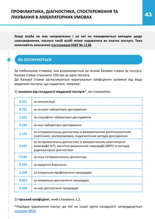 43
Якщо особа не має направлення і на неї не поширюються випадки щодо
самозвернення, послуга такій особі може надаватися як платна послуга. Така
можливість визначена постановою КМУ № 1138.
ЯК ОПЛАЧУЮТЬСЯ
За глобальною ставкою, яка розраховується на основі базової ставки за послугу.
Базова ставка становить 150 грн за одну послугу.
До базової ставки застосовуються коригувальні коефіцієнти залежно від виду
медичної послуги, що надається, зокрема:
0,371 за консультації
0,721 за основні лабораторні дослідження
1,412 за специфічні лабораторні дослідження
2,165 за інші лабораторні дослідження
1,174
за інструментальну діагностику із використанням рентгенологічних
(скопічних), ультразвукових, ендоскопічних методів дослідження
3,935
за інструментальну діагностику із використанням комп’ютерної
томографії (КТ), магнітно-резонансної томографії (МРТ) та методів
радіонуклідної діагностики
2,236 за іншу інструментальну діагностику
3,379 за хірургічні втручання
1,298 за лікувально-профілактичні процедури
0,823 за лікувально-діагностичні процедури
5,628 за інші діагностичні процедури
*Порядок віднесення послуг до тієї чи іншої групи складності затверджується
наказом МОЗ.
2) гірський коефіцієнт, який становить 1,2.
1) залежно від складності медичної послуги*, які становлять:
ПРОФІЛАКТИКА, ДІАГНОСТИКА, СПОСТЕРЕЖЕННЯ ТА
ЛІКУВАННЯ В АМБУЛАТОРНИХ УМОВАХ
 