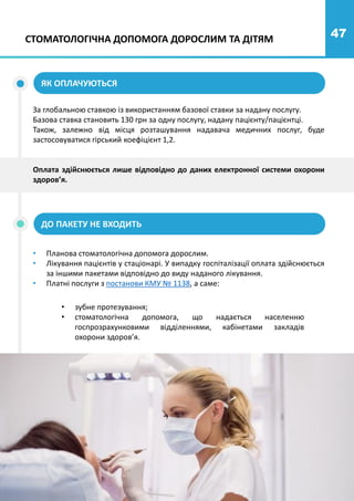 47
ДО ПАКЕТУ НЕ ВХОДИТЬ
ЯК ОПЛАЧУЮТЬСЯ
За глобальною ставкою із використанням базової ставки за надану послугу.
Базова ставка становить 130 грн за одну послугу, надану пацієнту/пацієнтці.
Також, залежно від місця розташування надавача медичних послуг, буде
застосовуватися гірський коефіцієнт 1,2.
Оплата здійснюється лише відповідно до даних електронної системи охорони
здоров’я.
• зубне протезування;
• стоматологічна допомога, що надається населенню
госпрозрахунковими відділеннями, кабінетами закладів
охорони здоров’я.
• Планова стоматологічна допомога дорослим.
• Лікування пацієнтів у стаціонарі. У випадку госпіталізації оплата здійснюється
за іншими пакетами відповідно до виду наданого лікування.
• Платні послуги з постанови КМУ № 1138, а саме:
СТОМАТОЛОГІЧНА ДОПОМОГА ДОРОСЛИМ ТА ДІТЯМ
 