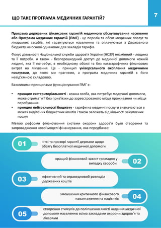 7
Фокус діяльності Національної служби здоров’я України (НСЗУ) незмінний - людина
та її потреби. А також - безперешкодний доступ до медичної допомоги кожній
людині, яка її потребує, в необхідному обсязі та без катастрофічних фінансових
витрат на лікування. Це - принцип універсального охоплення медичними
послугами, до якого ми прагнемо, а програма медичних гарантій є його
невід’ємною складовою.
Програма державних фінансових гарантій медичного обслуговування населення
або Програма медичних гарантій (ПМГ) - це перелік та обсяг медичних послуг та
лікарських засобів, які гарантуються населенню та оплачуються з Державного
бюджету на основі однакових для закладів тарифів.
чіткі та прозорі гарантії держави щодо
обсягу безоплатної медичної допомоги
кращий фінансовий захист громадян у
випадку хвороби
03
04
01
05
Важливими принципами функціонування ПМГ є:
• принцип екстериторіальності - кожна особа, яка потребує медичної допомоги,
може отримати її без прив’язки до зареєстрованого місця проживання чи місця
перебування
• принцип нейтральності бюджету - тарифи на медичні послуги визначаються в
межах виділених бюджетних коштів і також залежать від кількості закуплених
послуг
Метою реформи фінансування системи охорони здоров’я було створення та
запровадження нової моделі фінансування, яка передбачає:
ефективний та справедливий розподіл
державних коштів
зменшення критичного фінансового
навантаження на пацієнтів
створення стимулів до поліпшення якості надання медичної
допомоги населенню всіма закладами охорони здоров’я та
лікарями
02
ЩО ТАКЕ ПРОГРАМА МЕДИЧНИХ ГАРАНТІЙ?
 