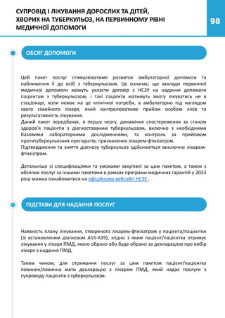 98
Цей пакет послуг стимулюватиме розвиток амбулаторної допомоги та
наближення її до осіб з туберкульозом. Це означає, що заклади первинної
медичної допомоги можуть укласти договір з НСЗУ на надання допомоги
пацієнтам з туберкульозом, і такі пацієнти матимуть змогу лікуватись не в
стаціонарі, коли немає на це клінічної потреби, а амбулаторно під наглядом
свого сімейного лікаря, який контролюватиме прийом особою ліків та
результативність лікування.
Даний пакет передбачає, в першу чергу, динамічне спостереження за станом
здоров’я пацієнтів з діагностованим туберкульозом, включно з необхідними
базовими лабораторними дослідженнями, та контроль за прийомом
протитуберкульозних препаратів, призначених лікарем-фтизіатром.
Підтвердження та зняття діагнозу туберкульоз здійснюється виключно лікарем-
фтизіатром.
Детальніше зі специфікаціями та умовами закупівлі за цим пакетом, а також з
обсягом послуг за іншими пакетами в рамках програми медичних гарантій у 2023
році можна ознайомитися на офіційному вебсайті НСЗУ .
СУПРОВІД І ЛІКУВАННЯ ДОРОСЛИХ ТА ДІТЕЙ,
ХВОРИХ НА ТУБЕРКУЛЬОЗ, НА ПЕРВИННОМУ РІВНІ
МЕДИЧНОЇ ДОПОМОГИ
ОБСЯГ ДОПОМОГИ
ПІДСТАВИ ДЛЯ НАДАННЯ ПОСЛУГ
Наявність плану лікування, створеного лікарем-фтизіатром у пацієнта/пацієнтки
(зі встановленим діагнозом А15-А19), згідно з яким пацієнт/пацієнтка отримує
лікування у лікаря ПМД, якого обрано або буде обрано за декларацією про вибір
лікаря з надання ПМД.
Таким чином, для отримання послуг за цим пакетом пацієнт/пацієнтка
повинен/повинна мати декларацію з лікарем ПМД, який надає послуги з
супроводу пацієнтів з туберкульозом.
 