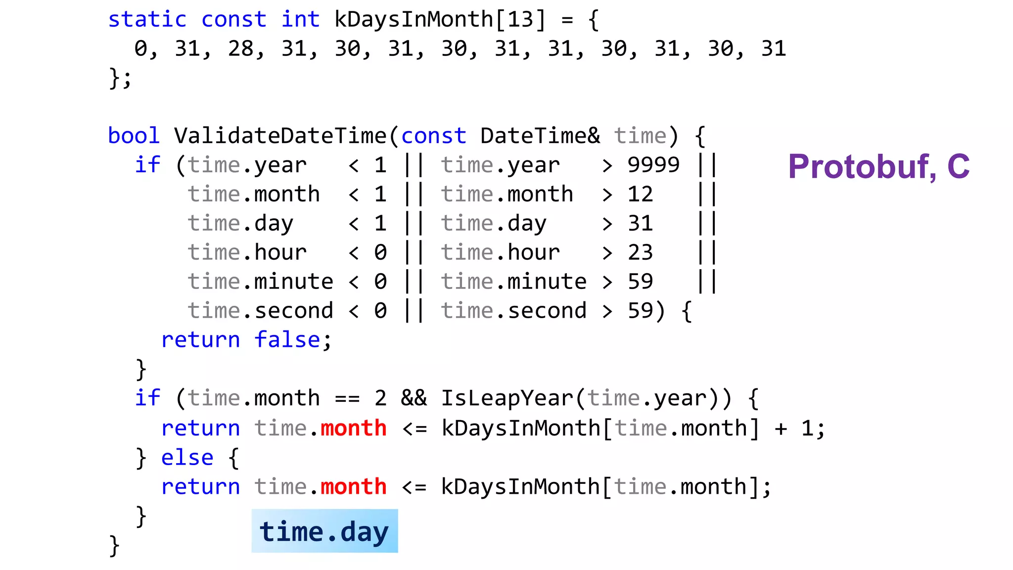 static const int kDaysInMonth[13] = {
0, 31, 28, 31, 30, 31, 30, 31, 31, 30, 31, 30, 31
};
bool ValidateDateTime(const DateTime& time) {
if (time.year < 1 || time.year > 9999 ||
time.month < 1 || time.month > 12 ||
time.day < 1 || time.day > 31 ||
time.hour < 0 || time.hour > 23 ||
time.minute < 0 || time.minute > 59 ||
time.second < 0 || time.second > 59) {
return false;
}
if (time.month == 2 && IsLeapYear(time.year)) {
return time.month <= kDaysInMonth[time.month] + 1;
} else {
return time.month <= kDaysInMonth[time.month];
}
} time.day
Protobuf, C
 