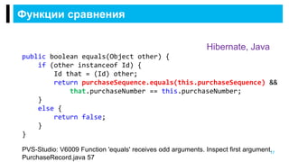 Функции сравнения
17
public boolean equals(Object other) {
if (other instanceof Id) {
Id that = (Id) other;
return purchaseSequence.equals(this.purchaseSequence) &&
that.purchaseNumber == this.purchaseNumber;
}
else {
return false;
}
}
PVS-Studio: V6009 Function 'equals' receives odd arguments. Inspect first argument.
PurchaseRecord.java 57
Hibernate, Java
 