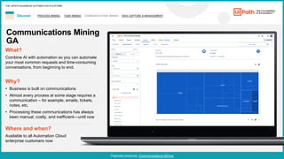 13
PROCESS MINING TASK MINING COMMUNICATIONS MINING IDEA CAPTURE & MANAGEMENT
Discover
Featured products: Communications Mining
THE UIPATH BUSINESS AUTOMATION PLATFORM
Communications Mining
GA
Where and when?
Available to all Automation Cloud
enterprise customers now
What?
Combine AI with automation so you can automate
your most common requests and time-consuming
conversations, from beginning to end.
Why?
• Business is built on communications
• Almost every process at some stage requires a
communication – for example, emails, tickets,
notes, etc.
• Processing these communications has always
been manual, costly, and inefficient—until now
 
