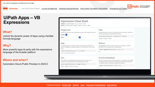 18
LOW-CODE DEVELOPMENT UI & API AUTOMATION PROCESS ORCHESTRATION INTELLIGENT DOCUMENT PROCESSING INTEGRATED NLP &AI/ML
Automate
Featured products: Studio Web StudioX Apps Document Understanding Data Service
THE UIPATH BUSINESS AUTOMATION PLATFORM
UiPath Apps – VB
Expressions
Where and when?
Automation Cloud (Public Preview) in 2023.5
What?
Unlock the dynamic power of Apps using a familiar
formula language
Why?
More powerful apps & parity with the expressions
language of the broader platform
 