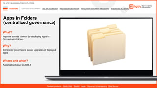 19
LOW-CODE DEVELOPMENT UI & API AUTOMATION PROCESS ORCHESTRATION INTELLIGENT DOCUMENT PROCESSING INTEGRATED NLP &AI/ML
Automate
Featured products: Studio Web StudioX Apps Document Understanding Data Service
THE UIPATH BUSINESS AUTOMATION PLATFORM
Apps in Folders
(centralized governance)
Where and when?
Automation Cloud in 2023.5
What?
Improve access controls by deploying apps to
Orchestrator folders
Why?
Enhanced governance, easier upgrades of deployed
apps
 
