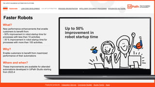 21
LOW-CODE DEVELOPMENT UI & API AUTOMATION PROCESS ORCHESTRATION INTELLIGENT DOCUMENT PROCESSING INTEGRATED NLP &AI/ML
Automate
Featured products: Integration Service Connector Builder Studio Family Apps
THE UIPATH BUSINESS AUTOMATION PLATFORM
Faster Robots
Where and when?
These improvements are available for attended
automations developed in UiPath Studio starting
from 2023.4
What?
New performance enhancements that enable
customers to benefit from:
- 50% improvement in robot startup time for
processes with less than 10 activities
- 35 % improvement in robot startup time for
processes with more than 100 activities.
Why?
Enable customers to benefit from maximized
performance of their automations
 