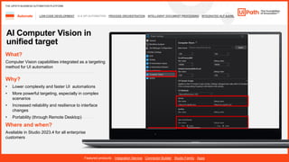 23
LOW-CODE DEVELOPMENT UI & API AUTOMATION PROCESS ORCHESTRATION INTELLIGENT DOCUMENT PROCESSING INTEGRATED NLP &AI/ML
Automate
Featured products: Integration Service Connector Builder Studio Family Apps
THE UIPATH BUSINESS AUTOMATION PLATFORM
AI Computer Vision in
unified target
Where and when?
Available in Studio 2023.4 for all enterprise
customers
What?
Computer Vision capabilities integrated as a targeting
method for UI automation
Why?
• Lower complexity and faster UI automations
• More powerful targeting, especially in complex
scenarios
• Increased reliability and resilience to interface
changes
• Portability (through Remote Desktop)
 