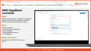 33
LOW-CODE DEVELOPMENT UI & API AUTOMATION PROCESS ORCHESTRATION INTELLIGENT DOCUMENT PROCESSING INTEGRATED NLP &AI/ML
Automate
Featured products: AI Center Document Understanding Integration Service
THE UIPATH BUSINESS AUTOMATION PLATFORM
AWS SageMaker
connector
Where and when?
Automation Cloud Public Preview as of
2023.3
What?
Quickly connects custom, Jumpstart, and AWS ML
models into UiPath Studio production workflows
without code and time-consuming scripting
Why?
Powers support for:
• Insurance policy underwriting
• Churn prediction
• Credit application approval
• Fraud detection
 
