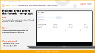 39
ANALYTICS CONTINUOUS TESTING UNIFIED MANAGEMENT & GOVERNANCE FLEXIBLE DEPLOYMENT
Operate
Featured products: Insights Automation Hub
THE UIPATH BUSINESS AUTOMATION PLATFORM
Insights: cross-tenant
dashboards – templates
Where and when?
• Automation Cloud: 2023.4
• Automation Suite: 2023.4
What?
Four new pre-built cross-tenant templates: Attended,
Processes, Queues, and Robots
Why?
Allows organizational administrators to see
consolidated data across all tenants
 